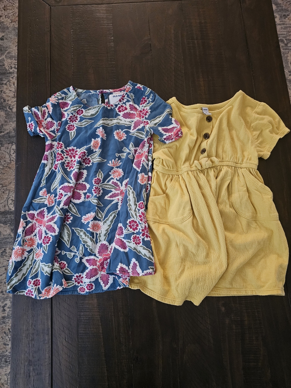 Old Navy Blue Floral Dress with Pink & White Flowers + Yellow Dress With Buttons